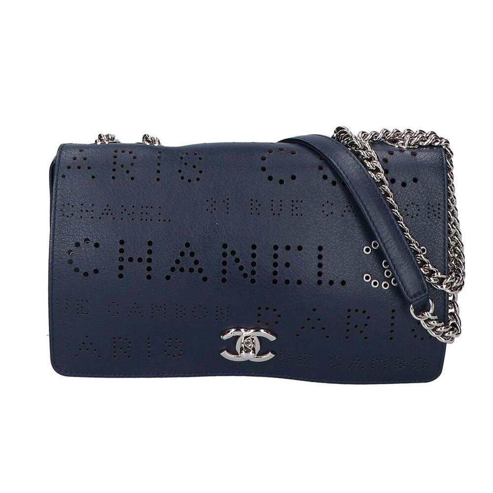 CHANEL A50299 No. 27 Perforated Logo Single Flap Chain Bag Navy Shoulder - Wo...